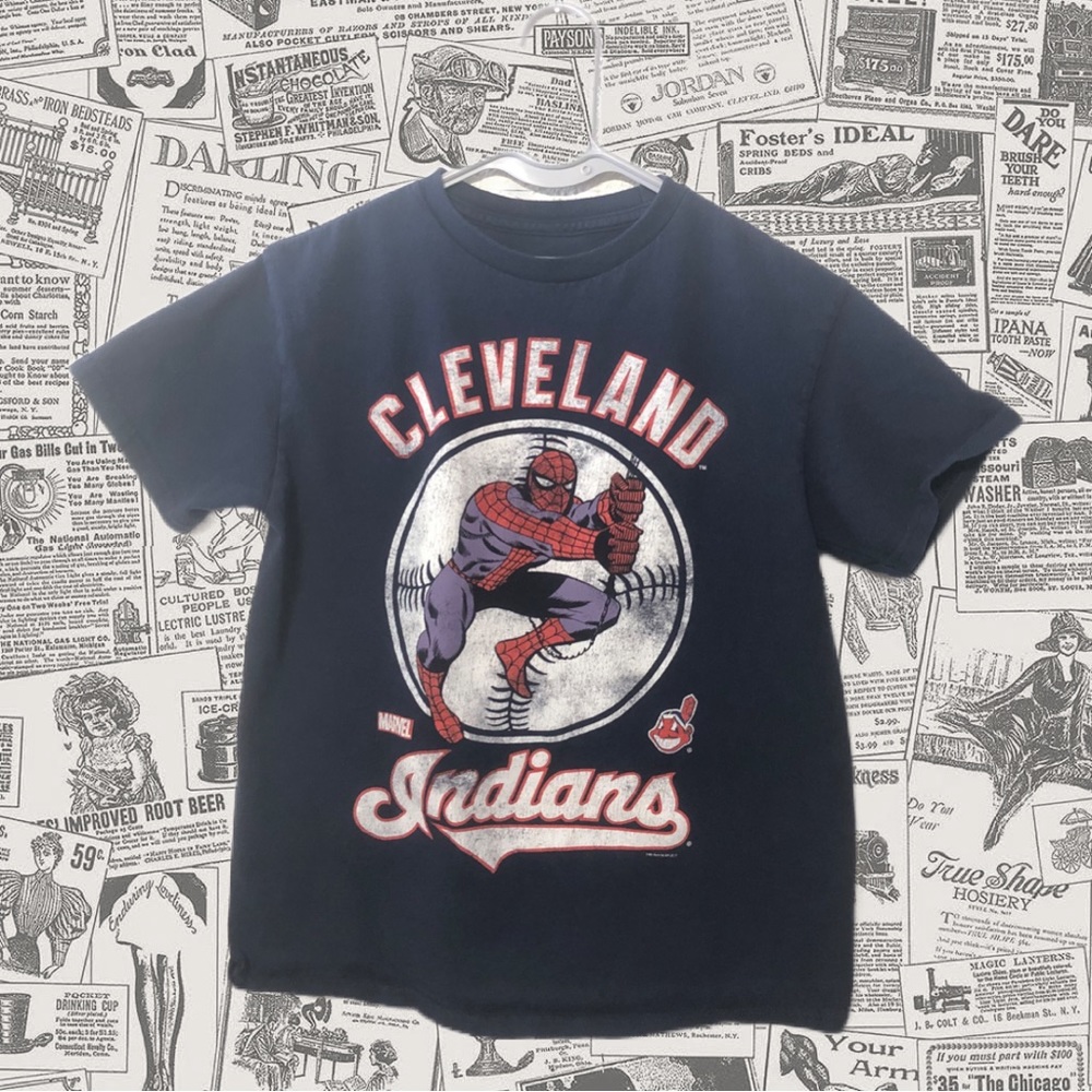 Marvel, MLBP, Cleveland Indians, Spiderman Navy Blue TShirt, Youth Size 10/12